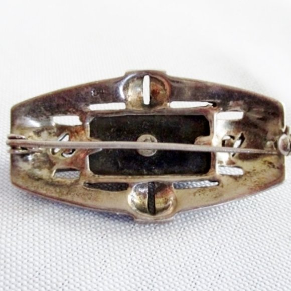 STERLING SILVER BROOCH PIN MARCASITE ONYX BLACK - Picture 3 of 4